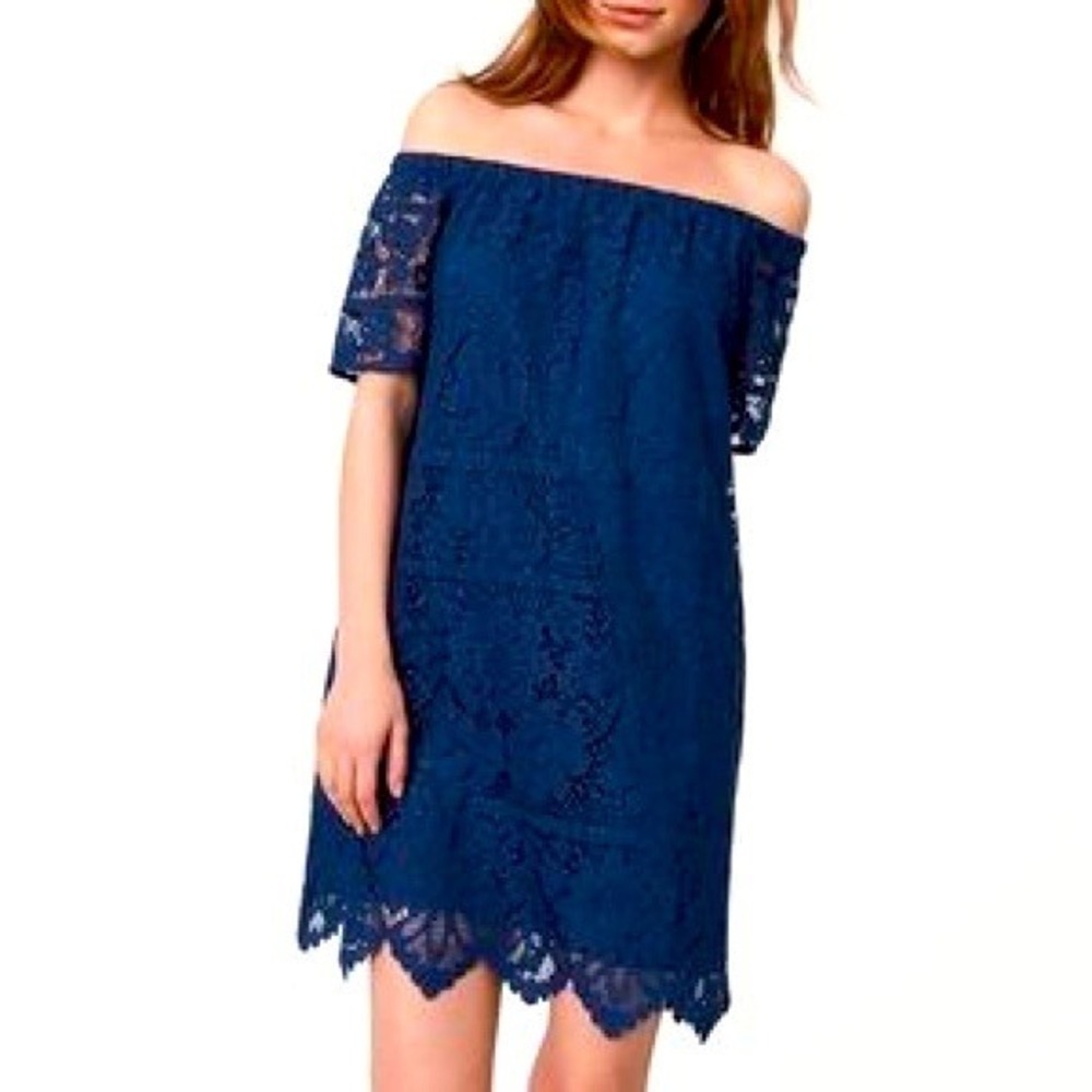 LOFT Lace Dress Women M Blue Off-the-Shoulder Floral Scallop Shift Wedding Guest
